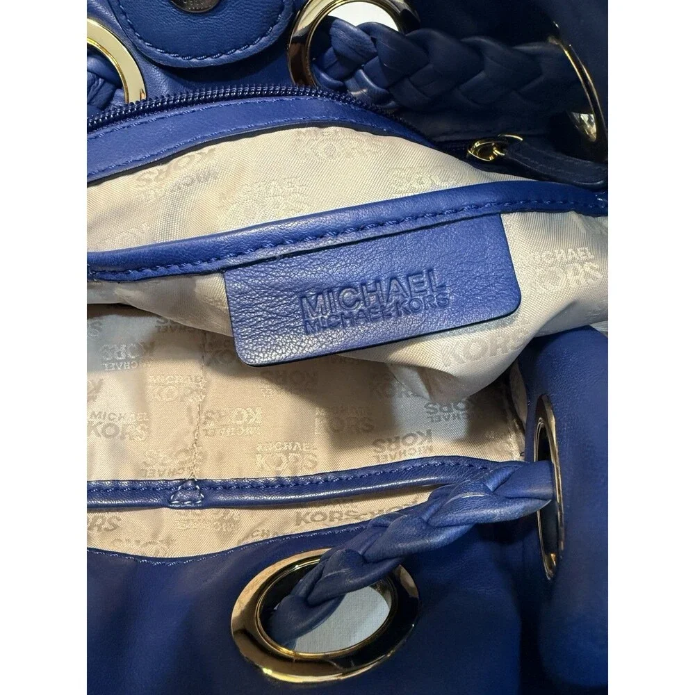 Michael Kors Shoulder Bag Braided Handle Tassel Gold Hardware Logo Charm Blue